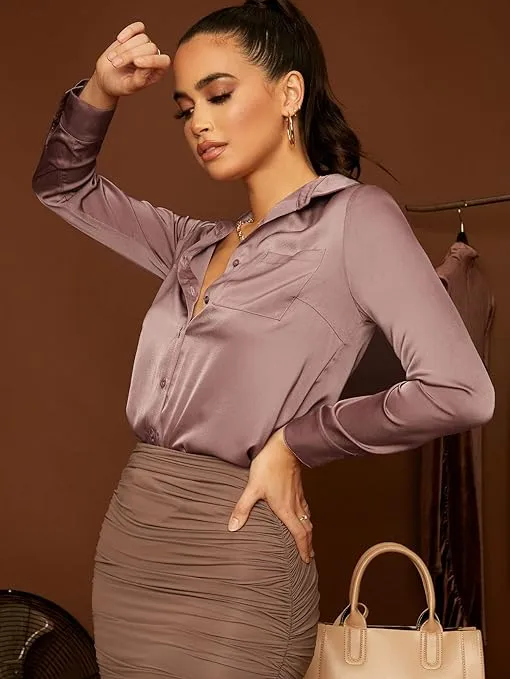 Women Satin Long Sleeve Button Up Blouse