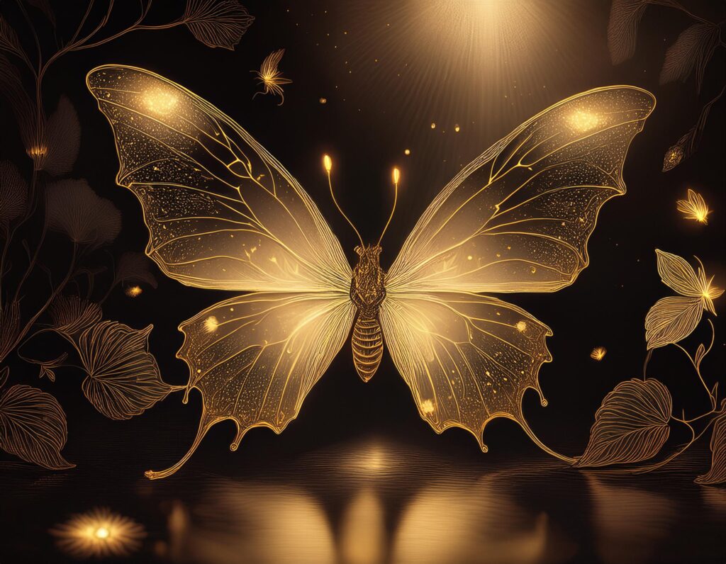 Sketch to Final Glow_ Fireflies outline a rough sketch, then illuminate the final polished design golden butterfly